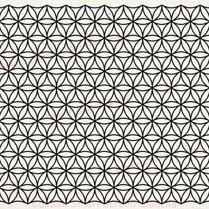 May include: Black and white geometric pattern with repeating circles and triangles. The pattern is known as the Flower of Life.