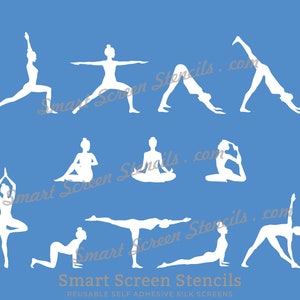 Yogahoudingen zeefdrukstencil - herbruikbaar, zelfklevend - canvas, kaarten, glas, keramiek, tegels, muren, stof, hout, klei, metaal, polymeerklei, enz