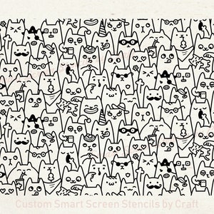 Pochoir de sérigraphie de dessin animé de chat continu réutilisable personnalisé par artisanat - toile, cartes, verre, céramique, murs, tissu, bois, métal, argile, etc.