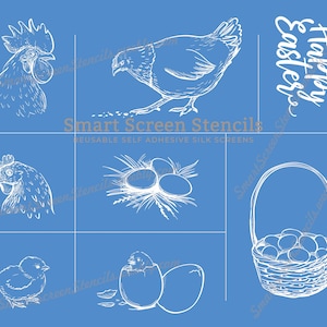 Pode incluir: Um fundo azul com desenhos a traço branco com temas de Páscoa. Inclui um galo, uma galinha, um pintinho, um ninho com ovos, uma cesta de ovos e a frase "Happy Easter". O texto "Smart Screen Stencils" também está presente.