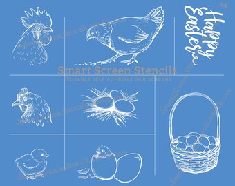 Easter/Spring Chicken and Eggs SilkScreen Stencil Set - Reusable, Adhesive - Canvas, Cards, Glass, Ceramics, Wall, Fabric, Wood, Clay, Signs