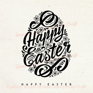 Può includere: Progettazione grafica in bianco e nero di un uovo con il testo "Happy Easter" all'interno. Il design è circondato da piccole illustrazioni di fiori.