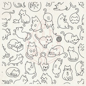 Cute Cat Poses SilkScreen Stencil - Sans couture, réutilisable, adhésif - Toile, Cartes, Verre, Céramique, Tissu, Bois, Métal, Argile polymère, Textile