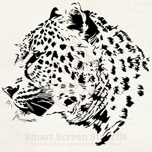 Plantilla de serigrafía de cara de leopardo dibujada a mano - Reutilizable, Adhesivo - Tela, Lienzo, Tarjetas, Vidrio, Cerámica, Pared, Textil, Madera, Metal, Arcilla