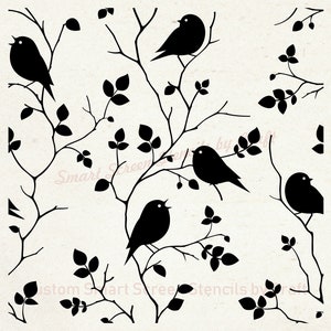 Seamless Birds in a Tree Silkscreen Stencil - Reutilizable, Autoadhesivo -Lienzo, Tarjetas, Vidrio, Cerámica, Pared, Tela, Madera, Metal, Arcilla, Papel