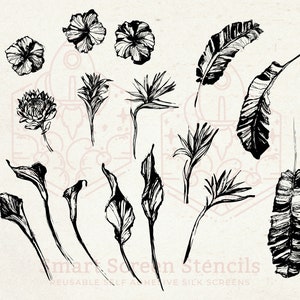 Tropical Plants SilkScreen Stencil - Reusable, Adhesive - Canvas, Cards, Clay, Glass, Ceramics, Polymer Clay, Fabric, Wood, Metal, Pottery