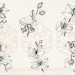 May include: A collection of black and white orchid flower illustrations on a cream backdrop. The image showcases various floral designs, with the text "Smart Screen Stencils" at the bottom, suggesting a craft or DIY product.