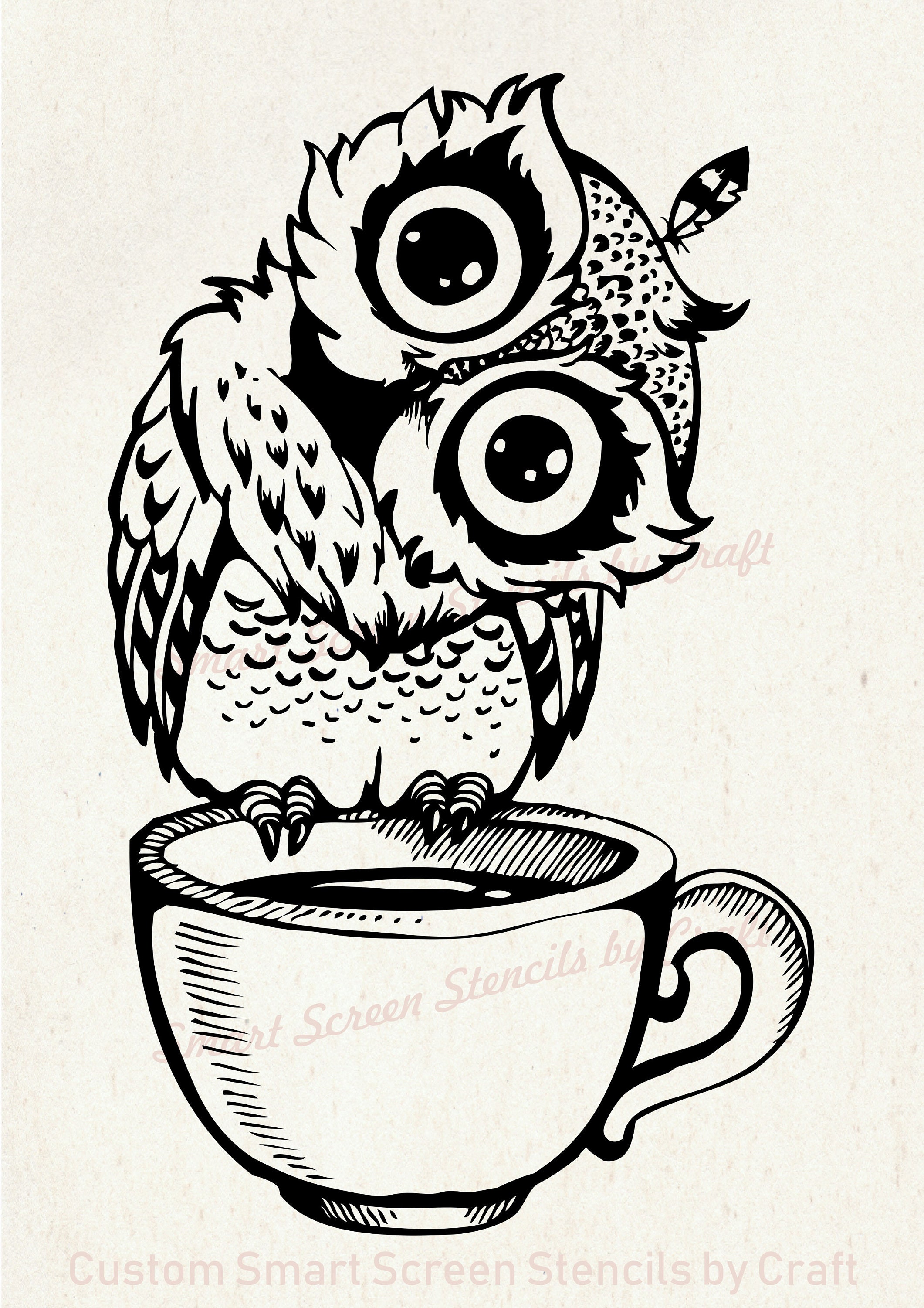 Cute Owl On A Cup Silkscreen Stencil Reusable Seamless Etsy