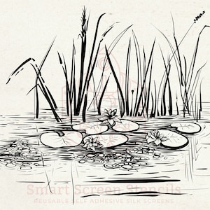 Lilly Pond en Reed SilkScreen Stencil - Herbruikbaar, Zelfklevend - Canvas, Kaarten, Glas, Keramiek, Tegels, Muur, Stof, Hout, Klei, Krijtbord etc