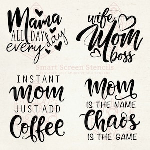 Motherhood Silkscreen Stencil Set - Reusable, Self-Adhesive - Fabric, Ceramic, Glass, Wood, Metal, Cards, Clay, Paper, Canvas, Textile, Mugs