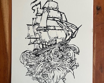 Sailing ship - linocut