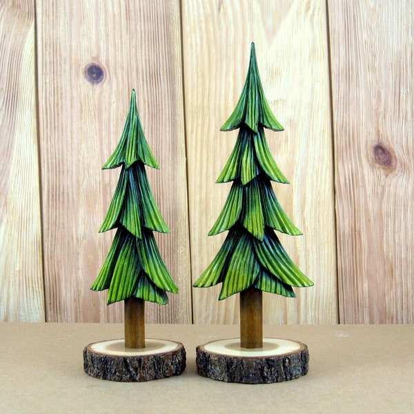 Hand carved two pine trees, handmade wooden christmas trees, wooden christmas tree decor, christmas tree ornaments, wood carved trees