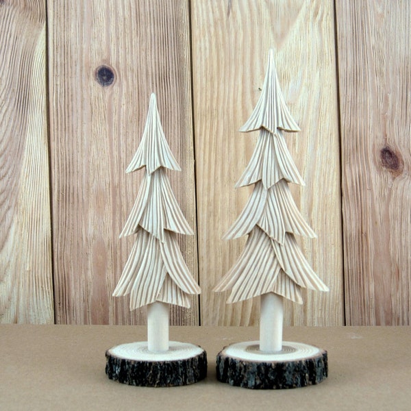 Two unfinished wooden pine trees, handmade wood carved trees, wooden christmas tree decor, rustic christmas decor, hand-carved pine trees