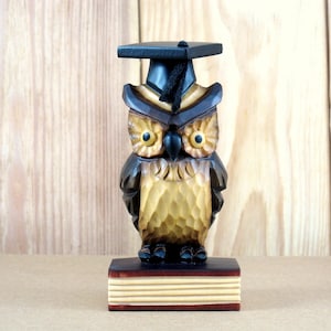 Miniature Wooden Bird: Owl with Graduation Cap