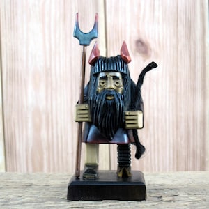 Miniature Red Devil Carving with Pitchfork - Handcrafted figurine, Gothic Decor