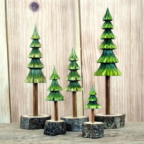 Set of five green pine trees, handmade wooden christmas trees, wooden christmas tree decor, mini christmas tree ornaments, wood carve trees