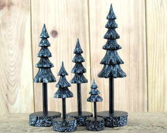 Five silver-plated black pine trees, black decor, black christmas tree, black ornaments, black und white art, wood carve tree, craft trees