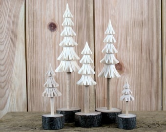 Set of 5 Hand Carved Wood Trees: Unfinished Linden & Beech