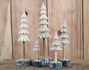 Five pine trees delicately painted white, decorative wooden ornaments, handmade wooden christmas trees, wood carve trees, craft tree