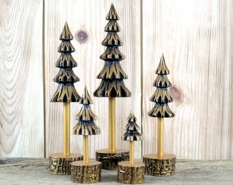 Five gold patinated pine trees, handmade wooden christmas trees, mini christmas tree ornament, wooden christmas tree decor, craft trees