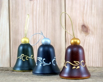 Set of three colorful wooden bells, santa bells, winter decor, decorative  bells, christmas home decor, turned wood, hand painted, bells
