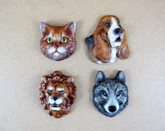 Hand Painted Wooden Animal Fridge Magnets - Cat, Dog, Lion, Wolf Decor