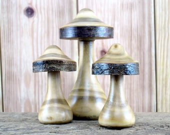 Handcrafted Wooden Mushrooms Set of 3 – Rustic Woodland Shelf Decor