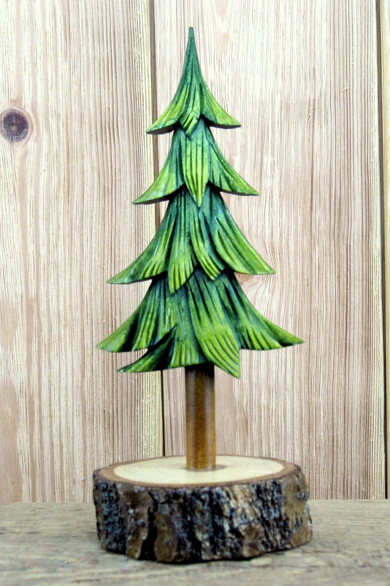 Hand Carved Green Pine Tree Wood Carve Christmas Tree Etsy