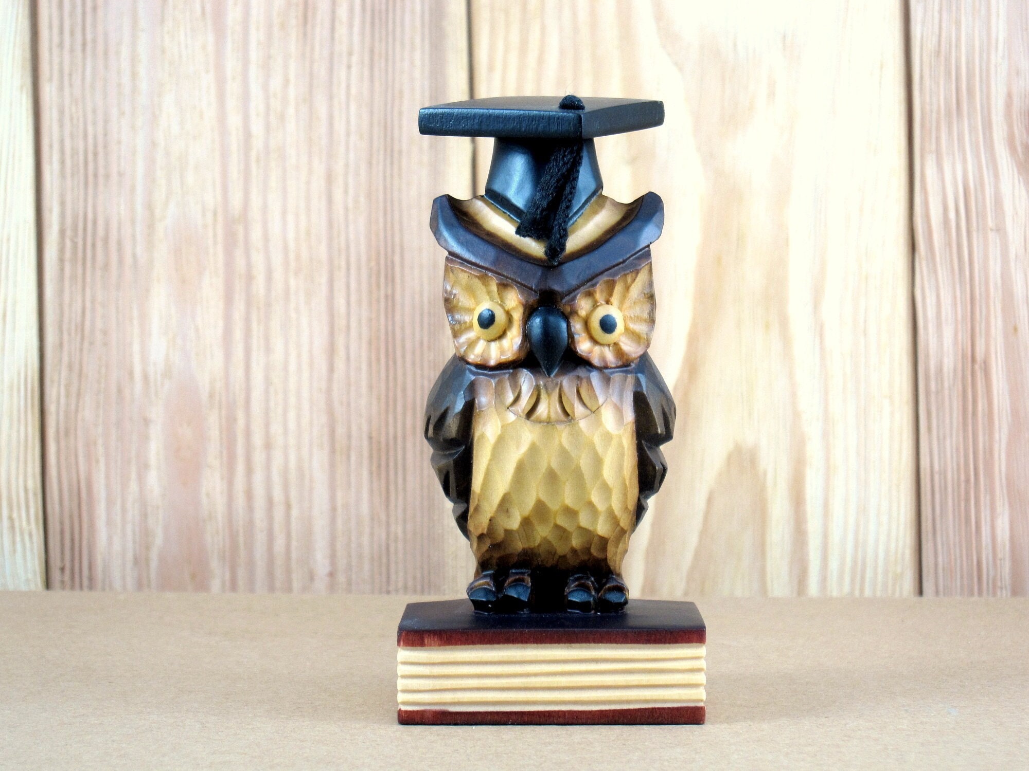 Miniature Wooden Bird Figurine: Owl with Graduation Cap