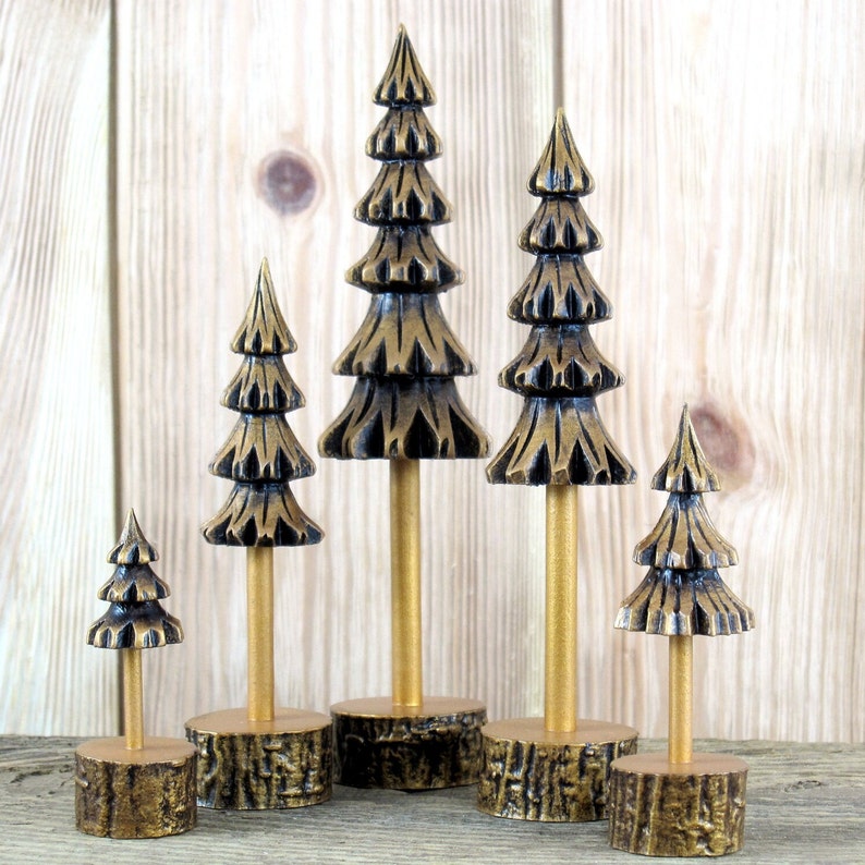 Five gold patinated pine trees, handmade wooden christmas trees, mini christmas tree ornament, wooden christmas tree decor, craft trees image 3