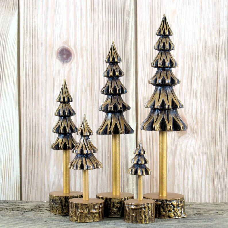 Five gold patinated pine trees, handmade wooden christmas trees, mini christmas tree ornament, wooden christmas tree decor, craft trees image 4