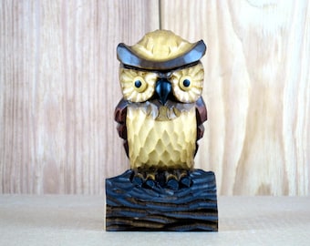 Hand Carved Wooden Owl Figurine - Rustic Woodland Bird Shelf Decor