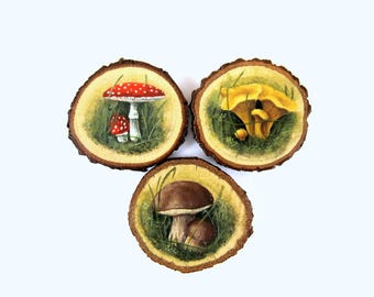Set di 3 calamite da frigo a forma di fetta di legno - Funghi dipinti a mano, decorazione per la cucina, regalo rustico