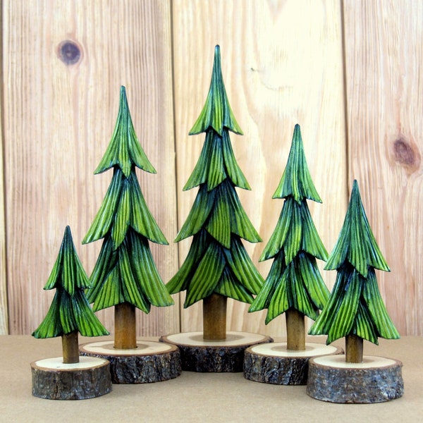 Hand carved five green pine trees, handmade wooden christmas trees, wooden christmas tree decor, christmas tree ornaments, wood carved trees