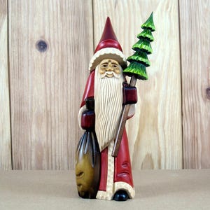 Handmade Santa Claus Carving with a Christmas Tree - Gift for Holiday, Rustic Santa Figure, Chrismas Ornaments, Red Christmas