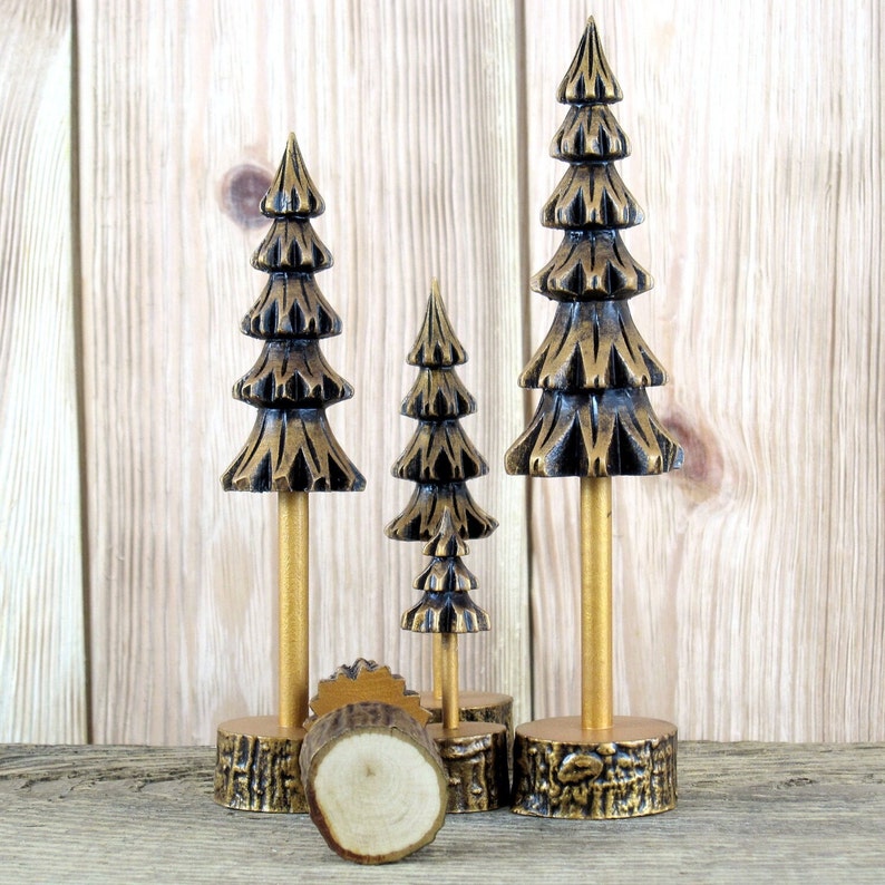 Five gold patinated pine trees, handmade wooden christmas trees, mini christmas tree ornament, wooden christmas tree decor, craft trees image 6