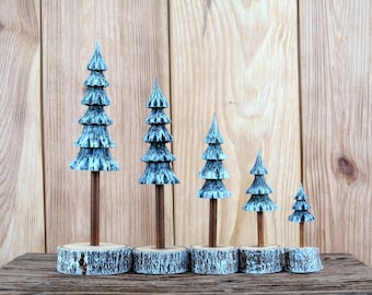 Handcrafted Wooden Tree Ornaments Set of 5 - Rustic Christmas Decor, Mini Pine Trees