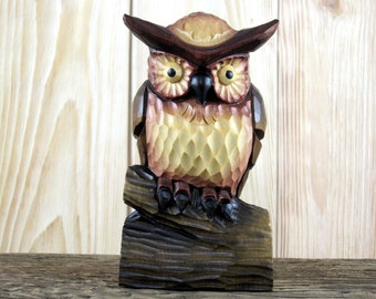 Carved owl on a branch, owl artwork, bird figurine, cute owl, owl gift figurine, wooden owl sculpture, carved wooden owl, handmade art, owl