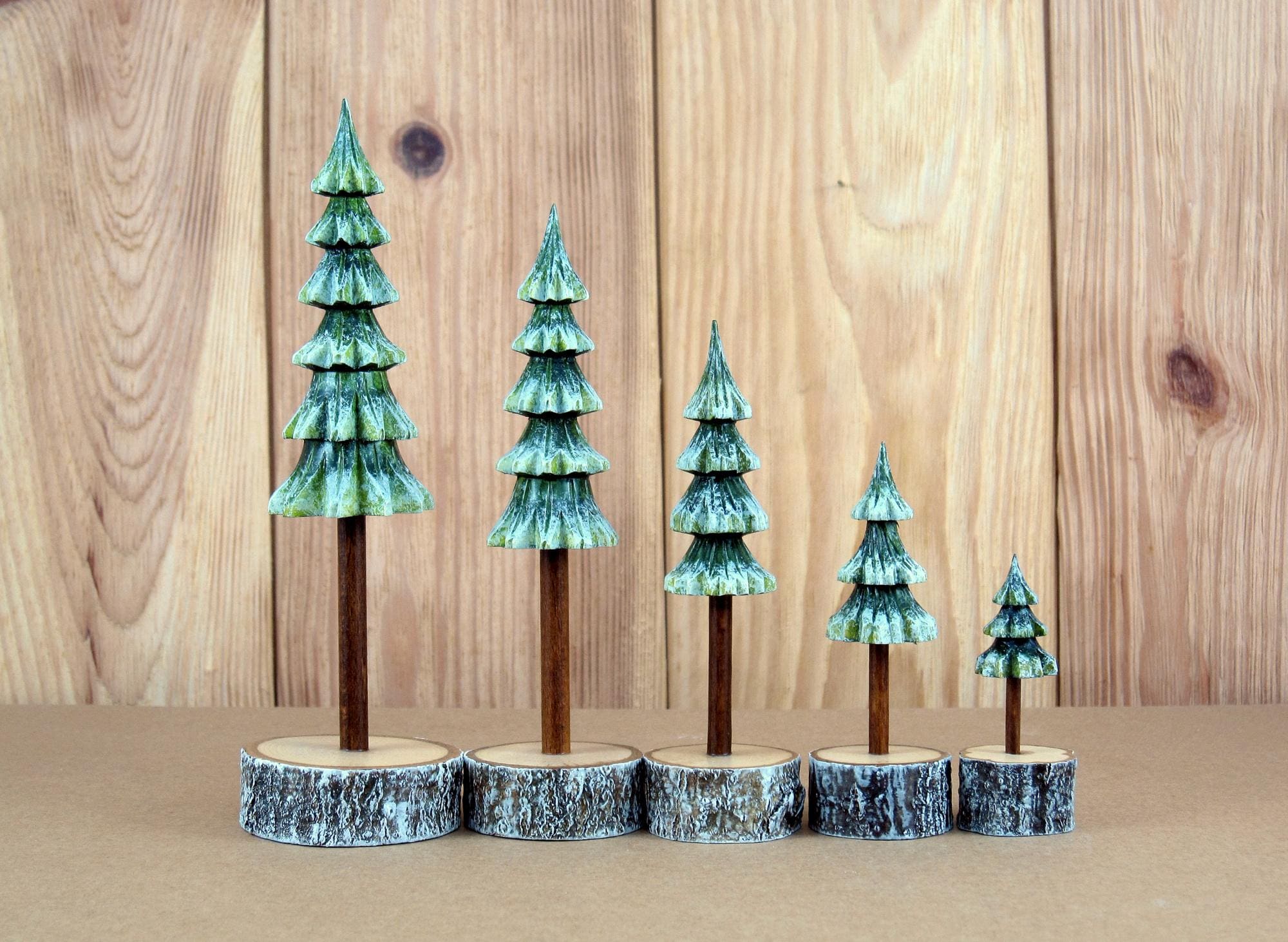 Handmade Wooden Christmas Tree Set: White & Green Pine Decor