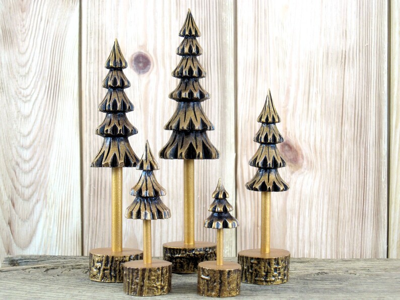 Five gold patinated pine trees, handmade wooden christmas trees, mini christmas tree ornament, wooden christmas tree decor, craft trees image 1