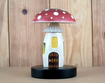Wooden Red Toadstool House: Handcrafted Rustic Decor