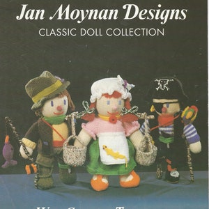 May include: Image of a book cover featuring three knitted dolls: a fisherman, a girl, and a pirate. The fisherman doll holds a fishing rod with a purple fish. The girl doll wears a pink top and green skirt. The pirate doll has an eye patch. Text reads "Jan Moynan Designs" and "West Country Treasures."