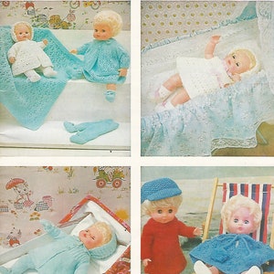 May include: The cover of a vintage magazine, "Hayfield Doll's Fashions", displays dolls in knitted clothing. The dolls are shown in different outfits, such as a white dress, blue cardigan, and red sweater. The image showcases a variety of doll clothing.