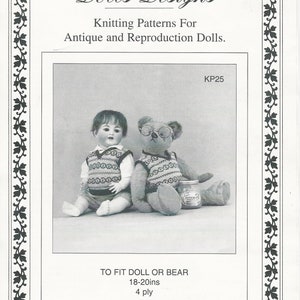 May include: A black and white image of a knitting pattern for antique and reproduction dolls. The pattern includes instructions to fit dolls or bears 18-20 inches in height. The image features a doll and a teddy bear wearing knitted vests.