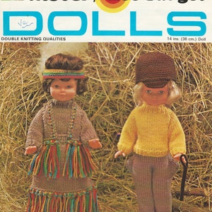 May include: Vintage knitting pattern cover featuring two dolls. One doll wears a brown dress with colorful fringe, the other a yellow sweater and brown pants. The text reads "Lister/Lee Target DOLLS" and "14 ins. (36 cm.) Doll".