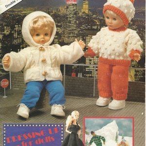 May include: Vintage doll clothing pattern featuring two dolls in knitted outfits. One doll wears a white hooded jacket and blue pants, the other a white sweater and orange pants. The pattern is titled "Wendy" and includes the text "DRESSING UP - for dolls."