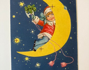Vintage Christmas Card Postcard Art Deco 1920s Moon and Stars with Child