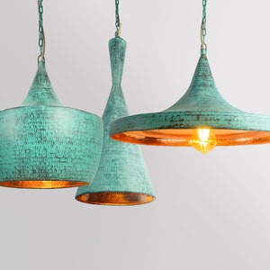 Set of 3 Oxidized Copper Pendant Lamp Shade Hammered Copper