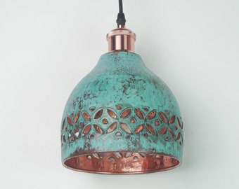 Oxidized Copper Lampshade - Green Patina Kitchen Pendant Light