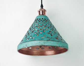 Alleen kegel geoxideerde koperen lampenkap - Koperen industriële verlichting - Koperen keukeneilandlicht - Groen Patina Koperlicht - Art deco lamp